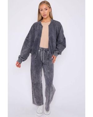 Stylewise Acid Wash Fleece Zipper Oversized Bomber Co-Ord - Blue