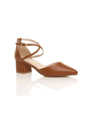 AJVANI Mid Block Heel Crossed Strap Pointed Toe 2 Part Heels - Brown