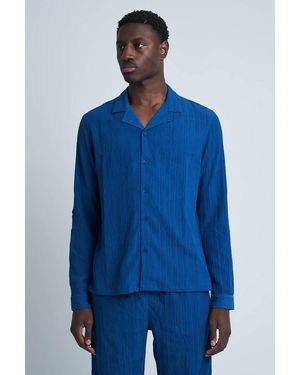 Native Youth Crinkle Textured Revere Collar Button Long Sleeve Shirt - Blue