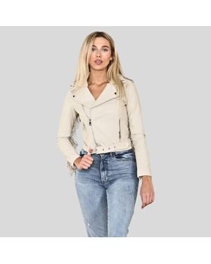 ELAINA FASHION Pu Faux Leather Fringed Jacket - Blue
