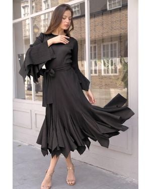 CY Pleated Fluted Sleeve Handkerchief Hem Maxi Dress With Belt - Black