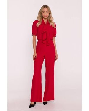Love Lace High Waisted Short Sleeve Flared Jumpsuit With Puff Sleeves
