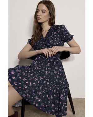Apricot Floral Print Smocked Mini Dress - Blue