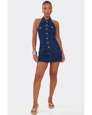 EGO Sleeveless Button Up Denim Mini Dress - Blue