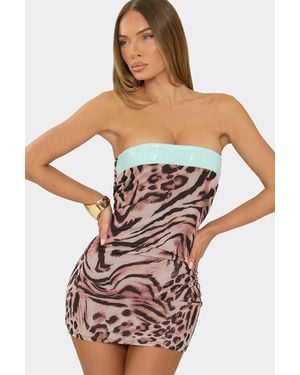 EGO Sleeveless Animal Print Mesh Mini Dress - Pink