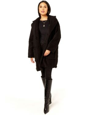 Gini London Faux Fur Longline Teddy Overcoat - Black