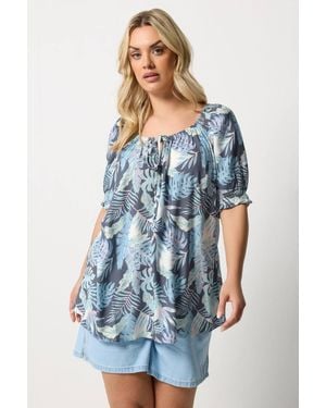 Yours Palm Leaf Tie Neck Blouse - Blue