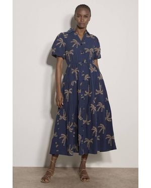 Apricot Embroidered Palms Cotton Midi Dress - Blue