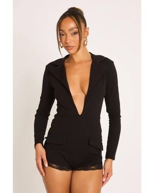 Rebellious Fashion Plunge Lace Detail Blazer Playsuit - Black