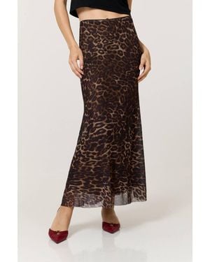 Liquorish Leopard Print Mesh Maxi Skirt - Brown