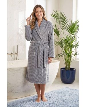 CAMILLE Supersoft Fleece Long Sleeved Ribbed Dressing Gown - Grey