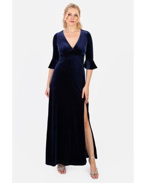 Maya Deluxe Velvet V Neck Flute Sleeve Maxi Dress - Blue