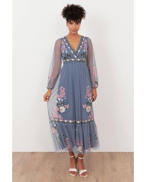 Maya Deluxe Embroidered Faux Wrap Long Sleeve Midaxi Dress - Blue