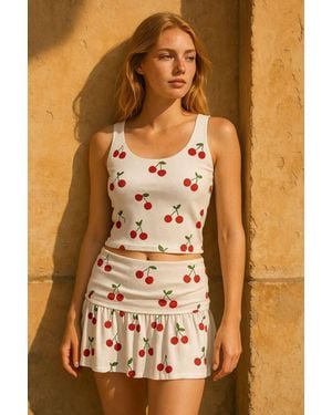 Stylewise Cherry Print Ribbed Sleeveless Vest Top - Brown
