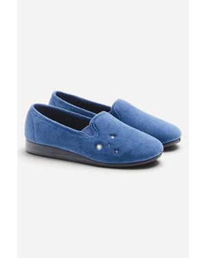 DAMART Velvet Slippers With Microfibre Lining, E Fit, Round Toe, Flat Heel - Blue