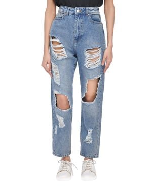 Smart Living High-Waisted Multi-Rip Mom Jeans - Blue