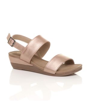 AJVANI Low Heel Strappy Slingback Faux Leather Wedges - Metallic