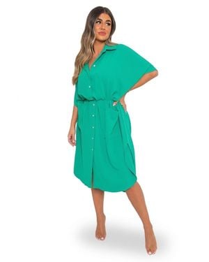 IKRUSH Nancy Button Down Collared Midi Dress With Two Front Pockets - Green