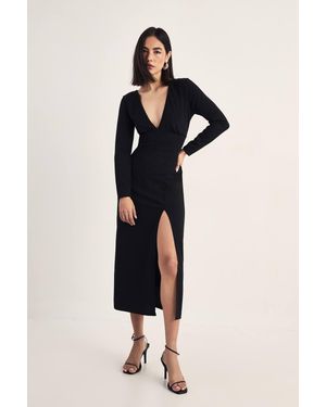 Nasty Gal Plunging V-Neckline Split Long Sleeve Midi Dress - Blue