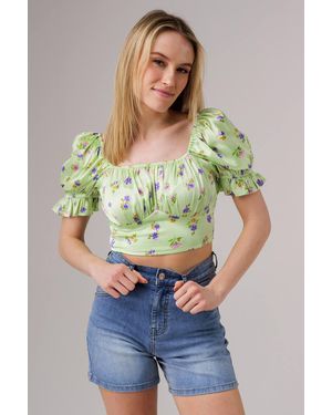 Influence Short Sleeve Shirred Square Neck Cropped Top - Green