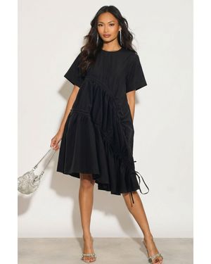 CY Asymmetry With Adjustable Ties Design Cotton Blend Dress - Black