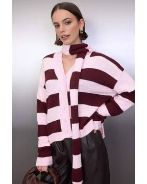 WOVCOR Soft Knit Stripe Cardigan W/ Scarf Detail - Multicolour