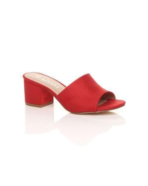 AJVANI Mid Block Heel Peep Toe Mules Sandals - Red