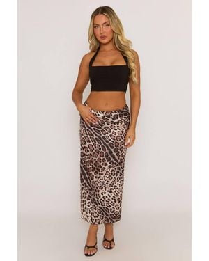 Rebellious Fashion Bonie Leopard Print Satin Maxi Skirt - Brown