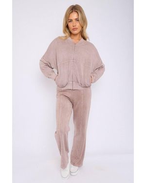 Stylewise Acid Wash Fleece Zipper Oversized Bomber Co-Ord - Pink