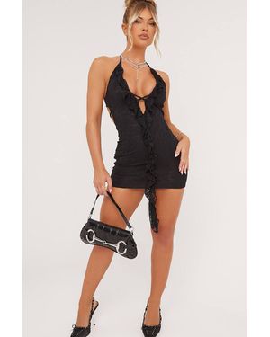 EGO Body Contouring Strappy Frill Trim Lace Mini Dress - Black