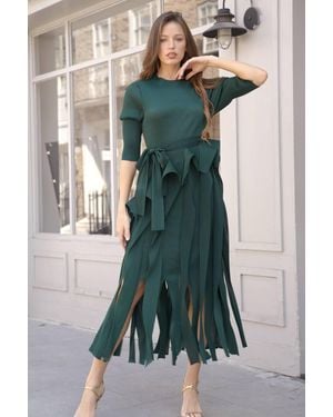 CY Statement Pleated Fringe Midi Dress With Tie Waist - Green