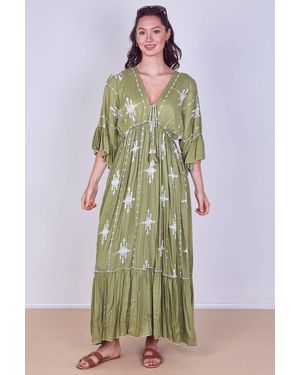 ELAINA FASHION Embroidered Maxi Dress With Tassel Tie - Green