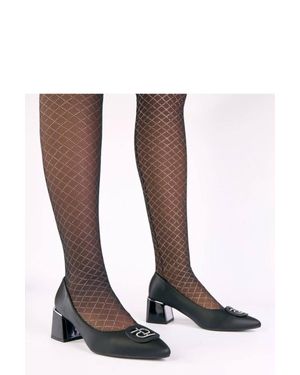 KDMD Slip On Block Heel Court Shoes With Pointed Toe Zircon Shine Style - White