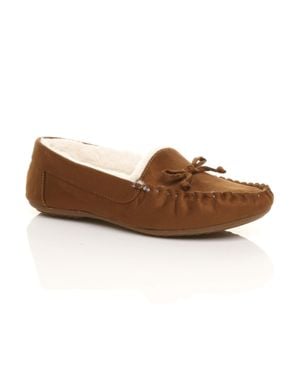 AJVANI Flat Heel Boat Shoes Moccasins Slippers - Brown