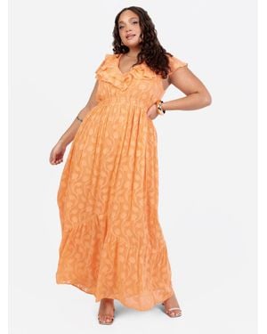 Lovedrobe Ruffle V Neck Floral Burn Out Maxi Dress - Orange
