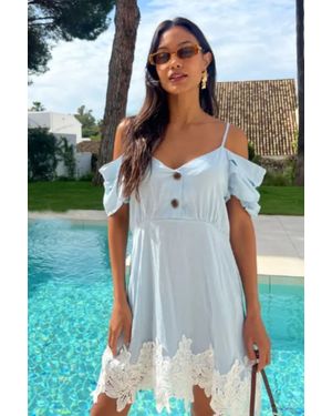 CY Floral Crochet Lace Hem Cold Shoulder Dress - Blue