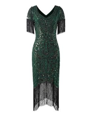 MODISHION 1920S Inspired Art Deco Sequin Beaded Fringe Flapper Dress - Green