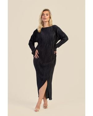FASHION-SZN Curve Ruched Front Long Sleeve Plisse Midaxi Dress - Black