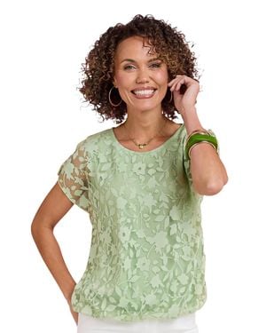 Chums Bubble Hem Burnout Top, Floral Burnout Jersey With Elasticated Hem - Green