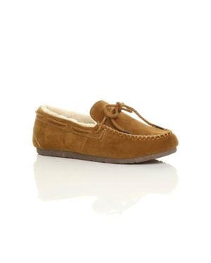 AJVANI Faux Fur Collar Moccasin Slippers - Brown
