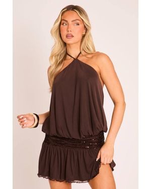 Rebellious Fashion Cara Sequin Panel Detail Mesh Mini Dress - Brown