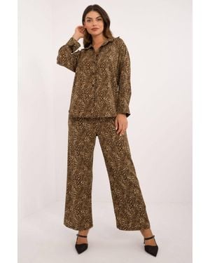 Love Lace Animal Print Button Shirt & Wide Leg Trousers Set - Brown