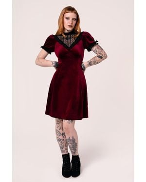 Hell Bunny Mourning Velvet V Neckline Midi Dress - Red
