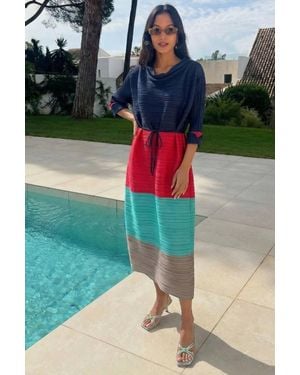 CY Multi-Colour Pleated Midi Dress With Adjustable Waist - Blue