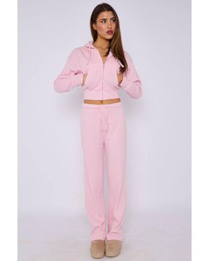 Stylewise Cropped Zip Hoodie & Flared Trouser Set - Pink