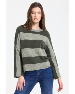 Liquorish Sage Stripe Wool Blend Jumper - Green