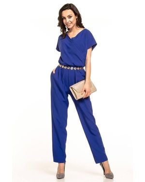 Love Lace Wrap Short Sleeve Elegant Playsuit With Belt - Blue