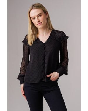 Influence Lace Semi-Sheer Long Sleeve Ruffled V-Neck Blouse - Black