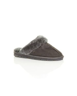 AJVANI Faux Fur Lined Slip On Memory Foam Mules Slippers - Brown