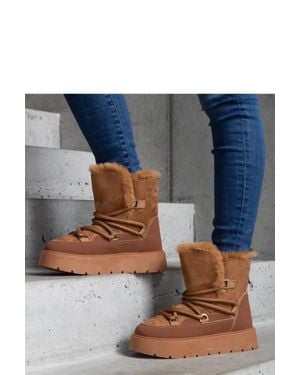 Love Lace Platform Round Toe Faux Leather Snow Boots - Blue